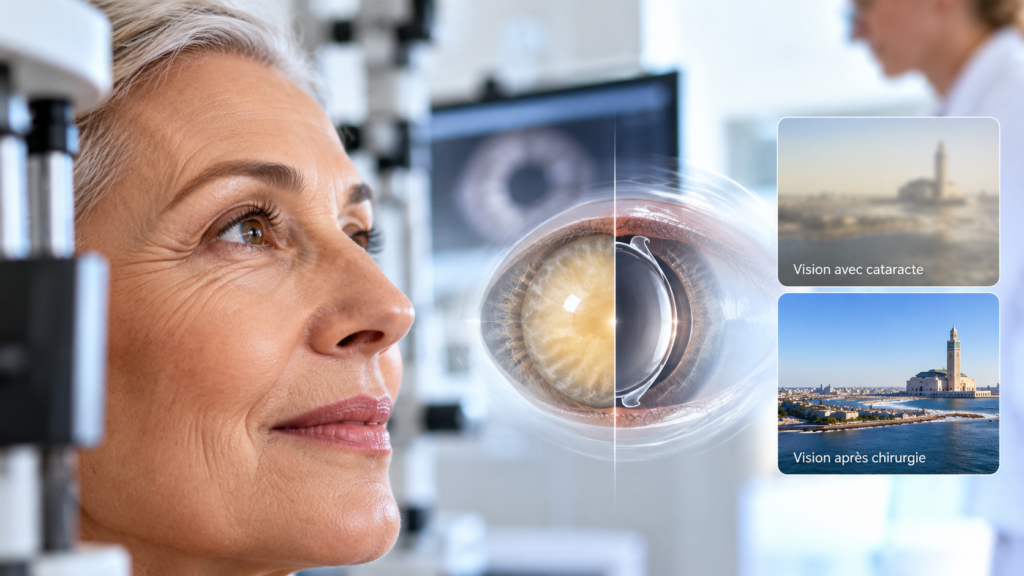 Illustration de la cataracte avec comparaison de la vision avant et après une chirurgie de la cataracte.